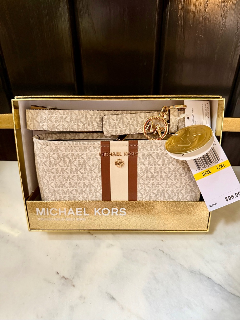 New Michael Kors Monogram Belt Bag clutch Cream Brown Stripe crossbody L/XL